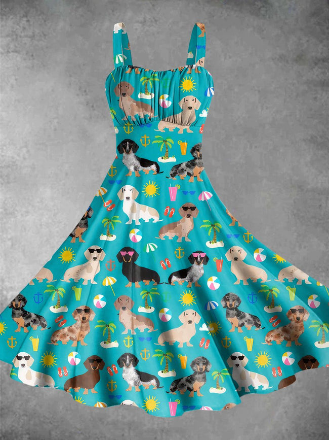 Vintage Cute Dachshund Print Backless Dress