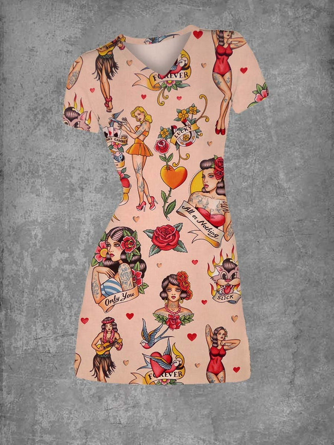 Women's Forever Love Girls Print V Neck T-Shirt Dress