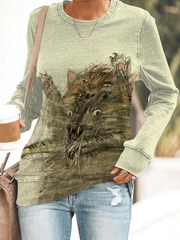 Vintage Cute Cat Print Long Sleeve Sweatshirt