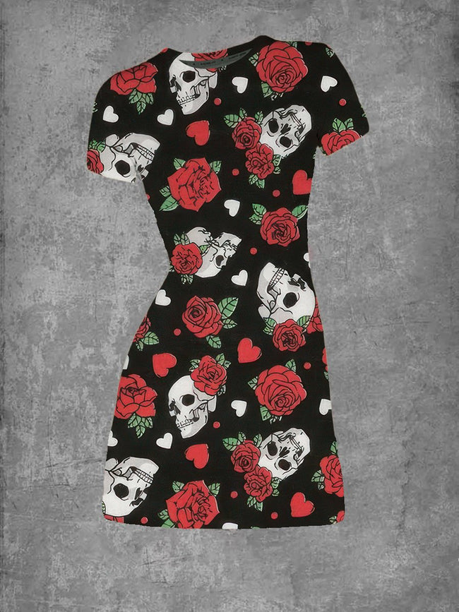 Women's Rose Skull Print Crew Neck T-Shirt Dress