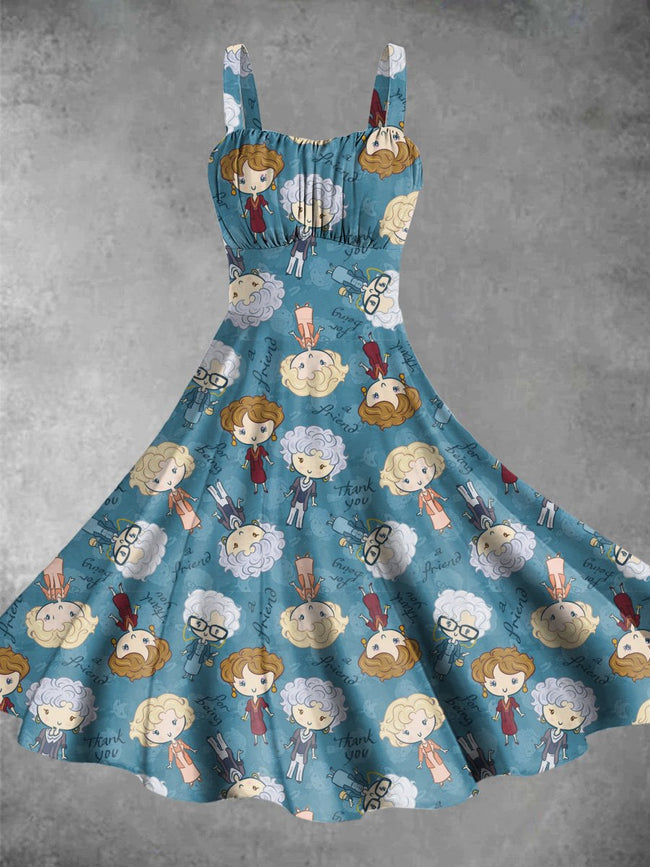 Vintage Cartoon Girls Print Backless Dress