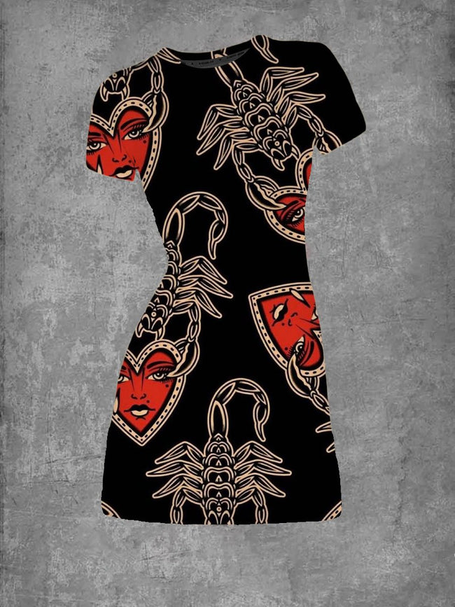Women's Scorpion Heart Print Crew Neck T-Shirt Dress