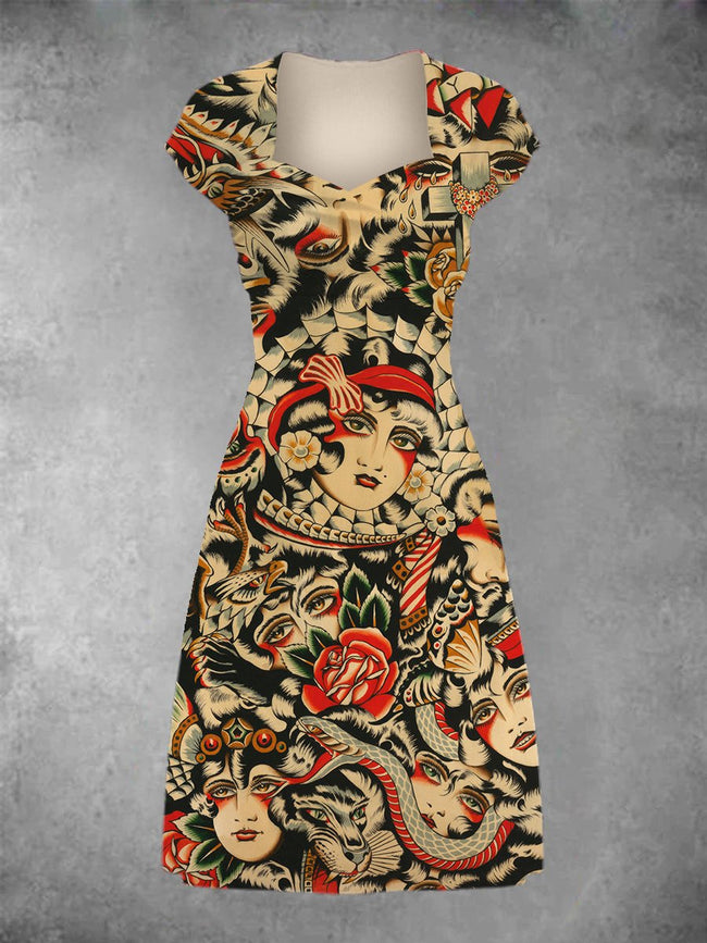 Women's Vintage Tattoo Print Patchwork Casual Midi Dress