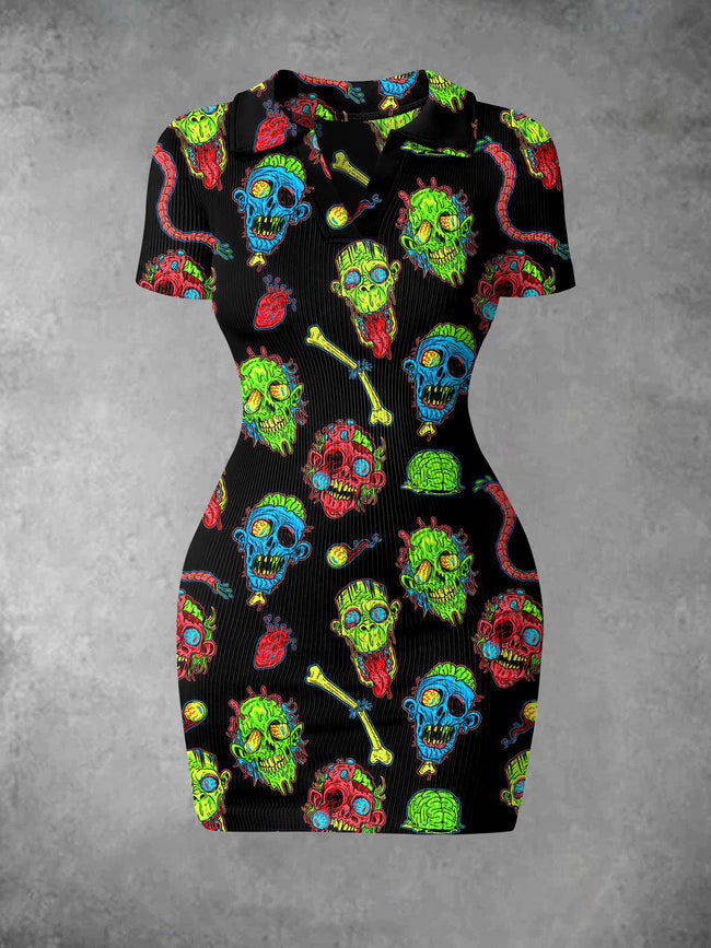 Women's Vintage Halloween Zombie Print Ribbed Bodycon Mini Dress