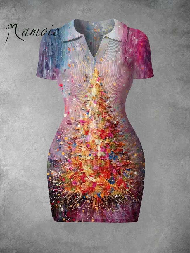 Women's Vintage Art Painting Christmas Tree Print Ribbed Bodycon Mini Dress