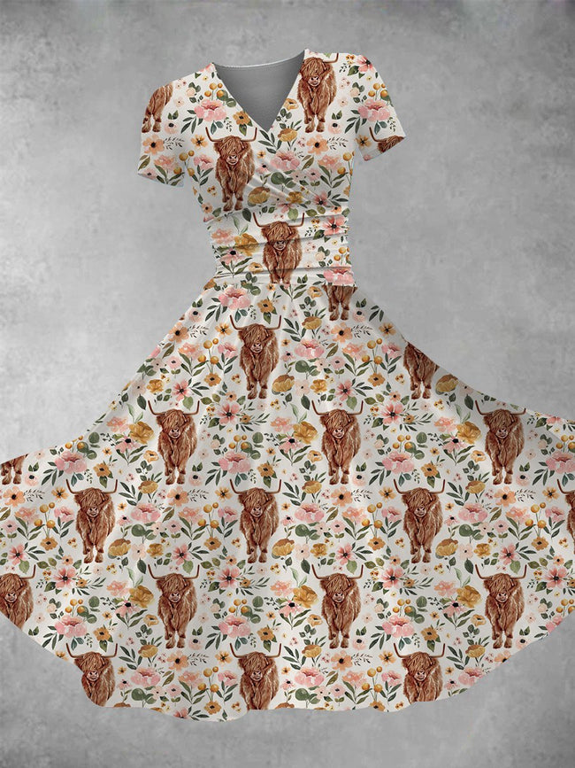 Women's Boho Highland Cow Print Maxi Dress