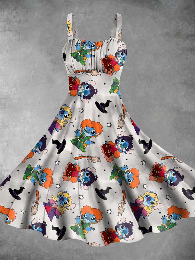 Vintage Cute Cartoon Halloween Print Backless Dress