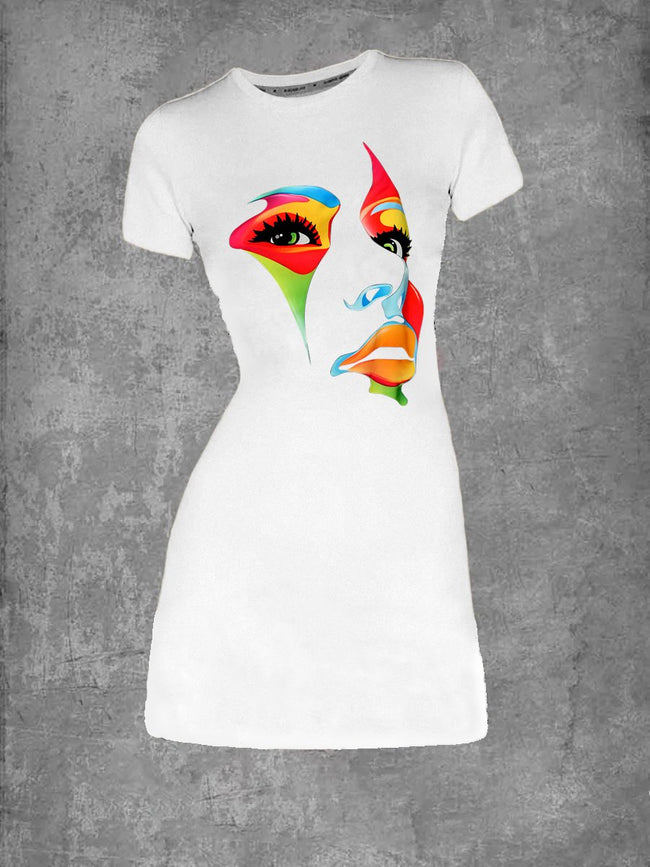 Women's Abstract Art Women Face Graphic Print Crew Neck T-Shirt Dress