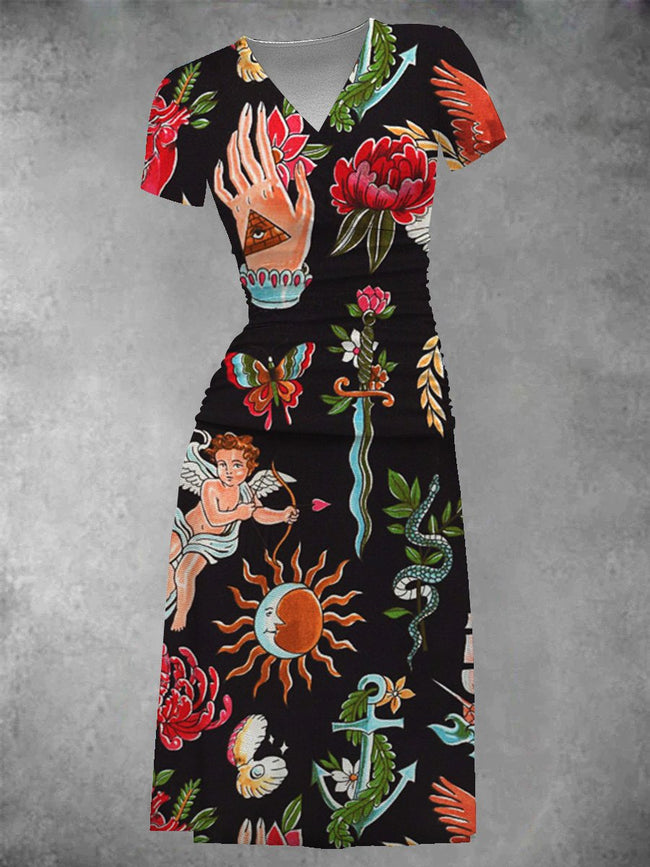 Women's Vintage American Traditional Tattoo Midi Dress