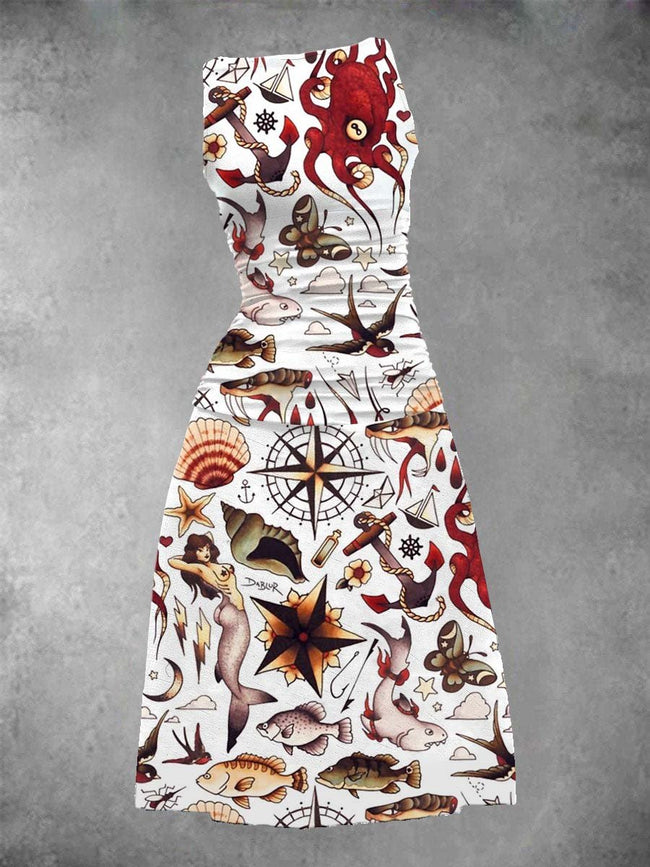 Women's Vintage Mermaid Traditional Nautical Tattoo Maxi Dress