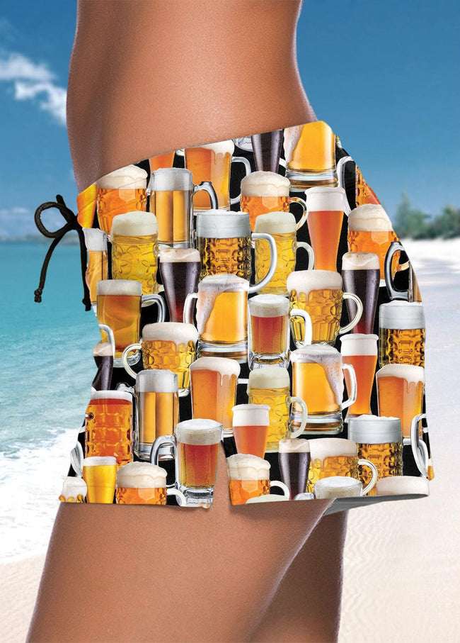 Women's Vintage Beer Print Straps Side Slits Swimming Pants Swimsuit