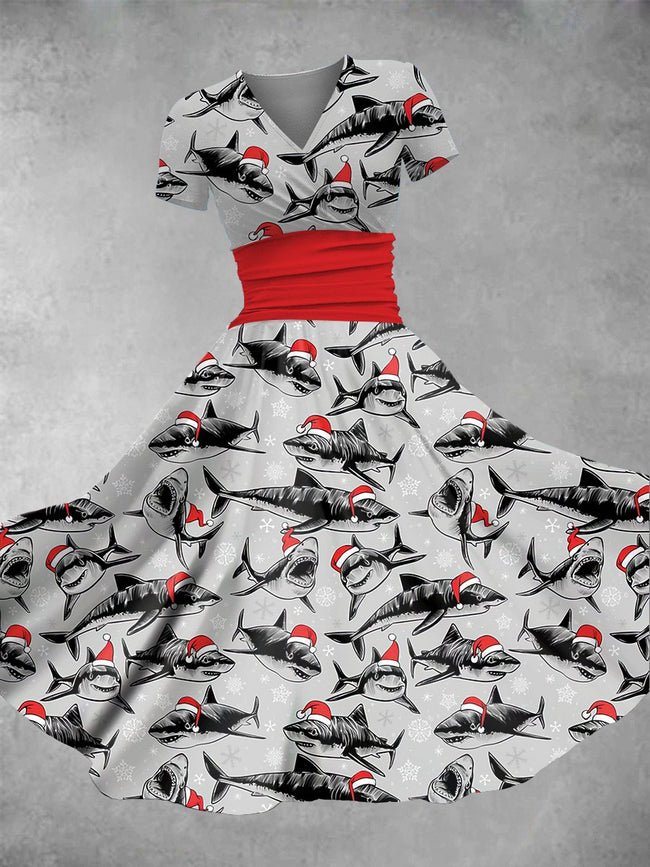 Women's Vintage Christmas Shark Print Maxi Dress