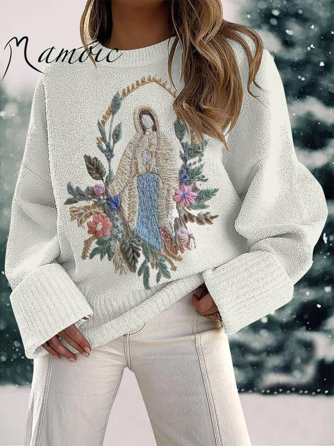 Women's Christian Our Lady Floral Christian  Embroidery Print Fuzzy Knit Casual Pullover Sweaters