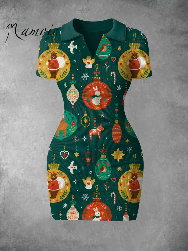 Women's Vintage Christmas Atmosphere Print Ribbed Bodycon Mini Dress