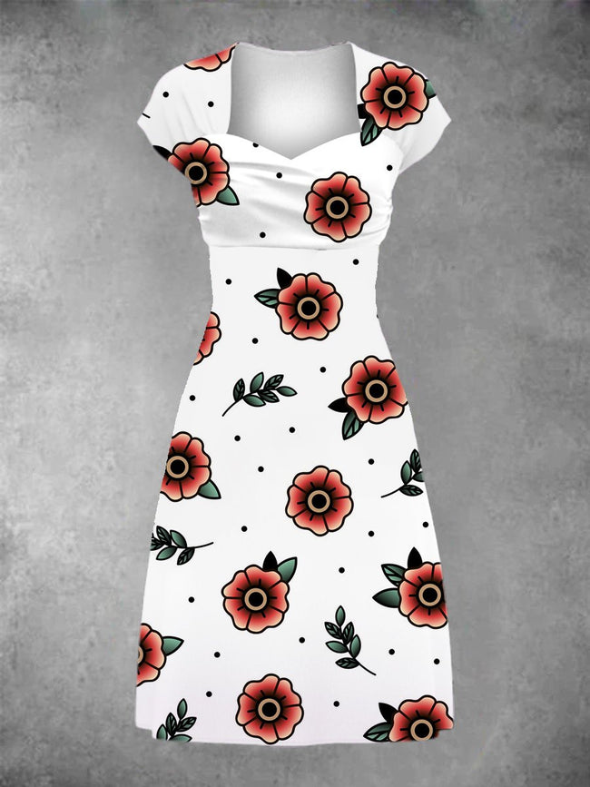 Women's Rose Old School Tattoo Graphic Patchwork Casual Midi Dress