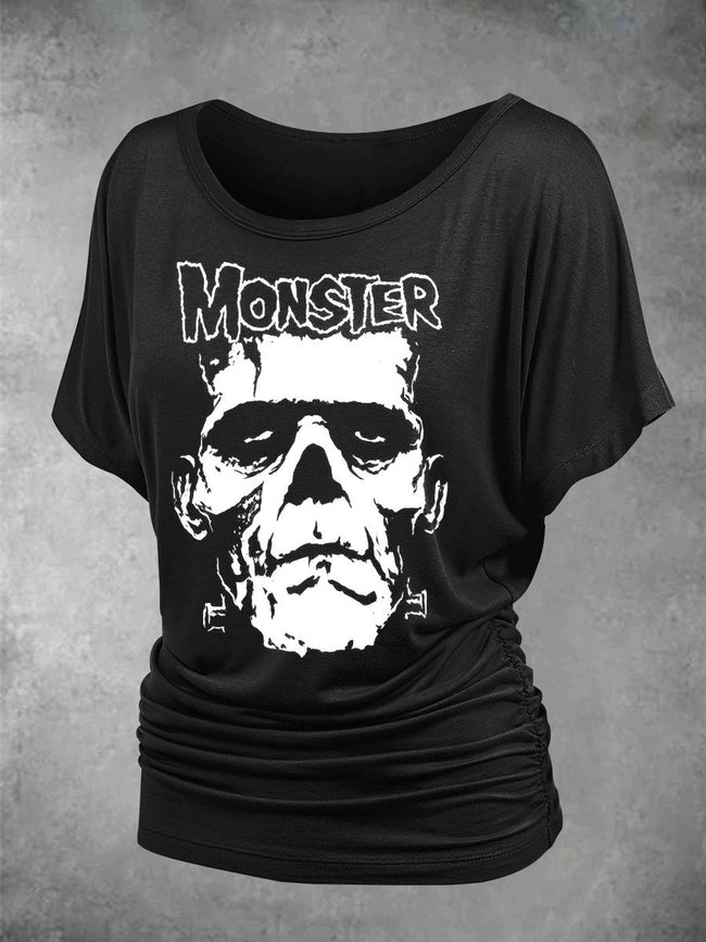 Vintage Monster Skull Halloween Print Short Sleeve Boat Neck Dolman Top