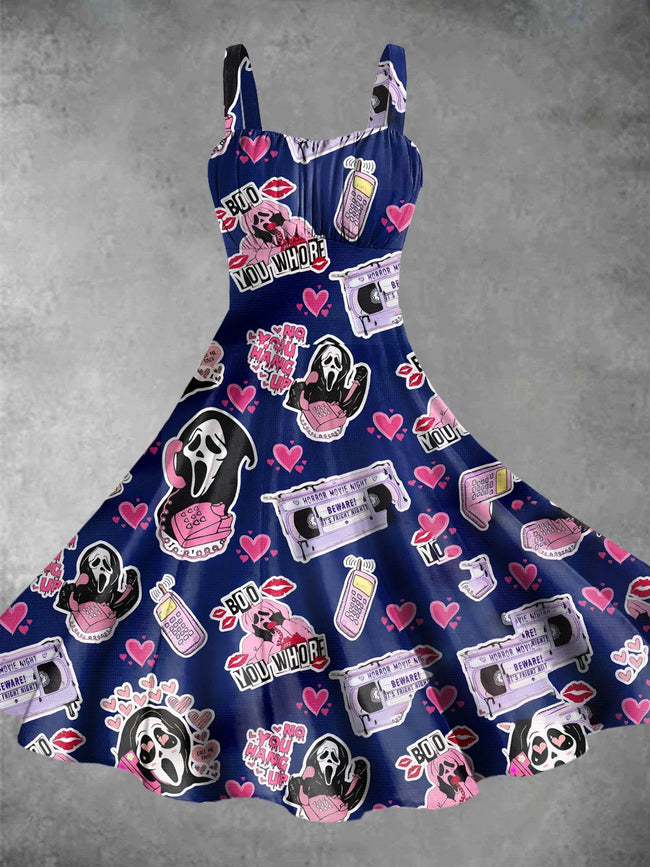 Vintage Scream and Call Halloween Print Backless Dress