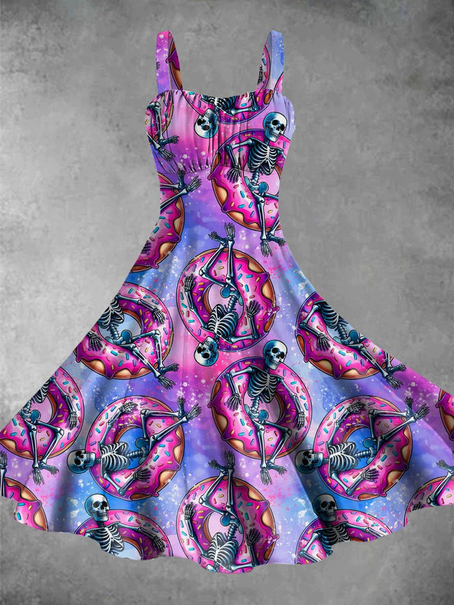 Retro Skeleton Donut Pool Print Backless Dress