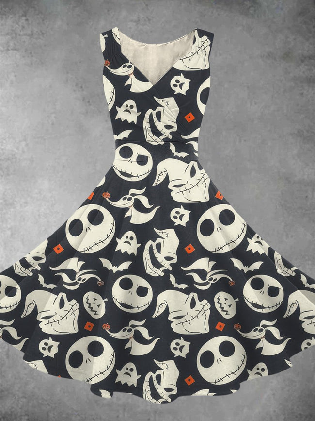 Vintage Skeleton Halloween Print Sleeveless Wrap V-Neck A-line Dress