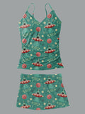 Women’s V-neck Vintage Space Cat Print Suspender Skirt Tankini Set Swimsuit