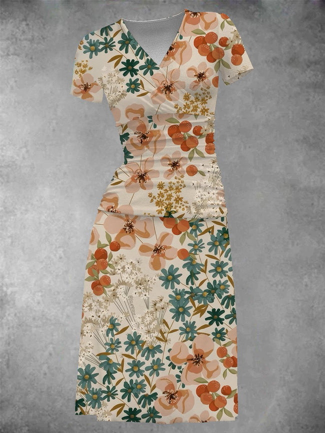 Women's Vintage Art Flowers Print Midi Dress