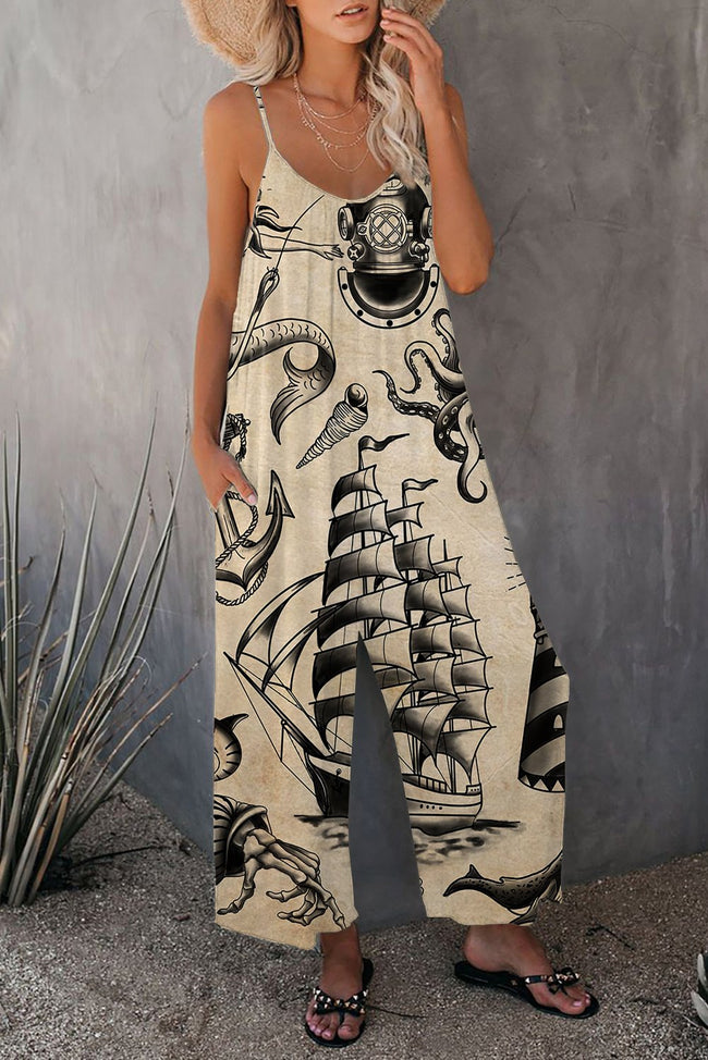 Vintage Traditional Tattoo Print Wide leg Jumpsuit with Pockets