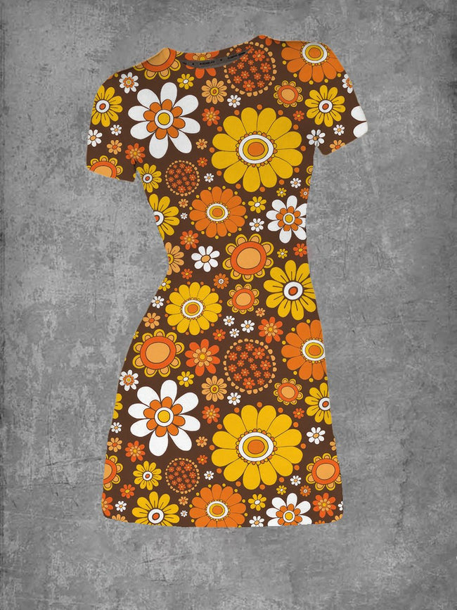 Women's Vintage Floral Print Crew Neck T-Shirt Dress