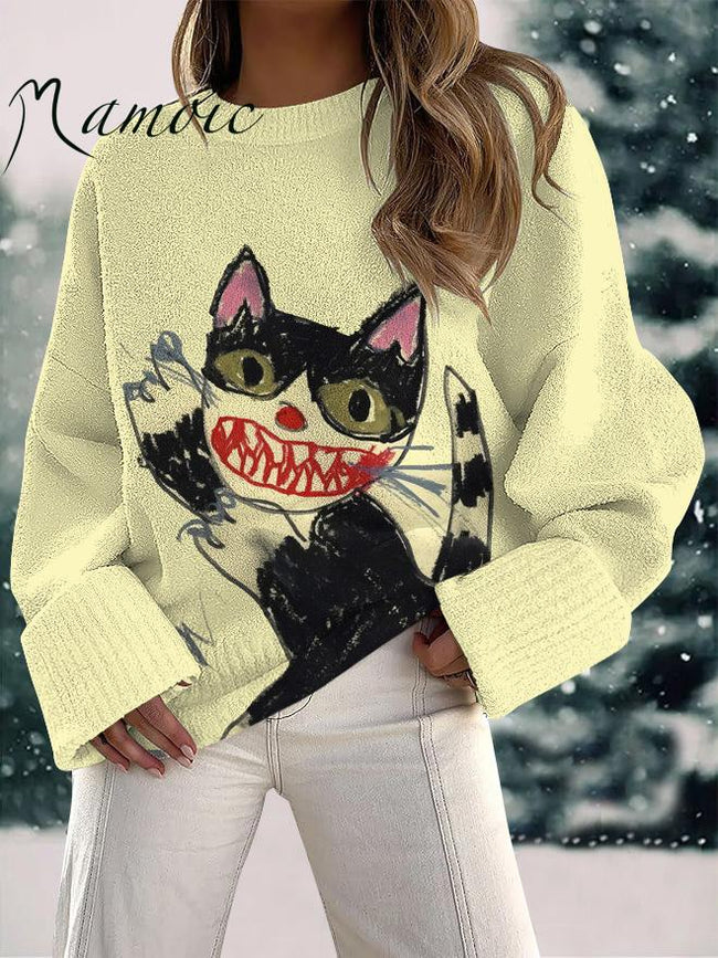 Women's Hand-Painted Kitten Print Fuzzy Knit Casual Pullover Sweaters