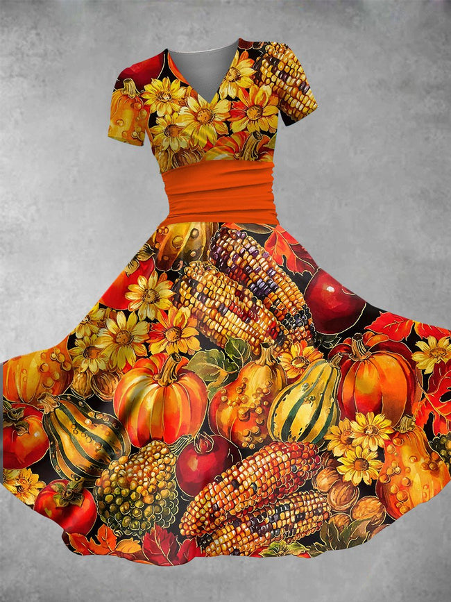 Women's Vintage Thanksgiving Print Maxi Dress