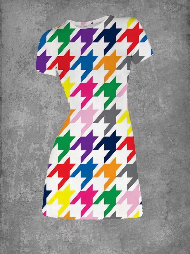 Women's Vintage Multicolor Houndstooth Print Crew Neck T-Shirt Dress