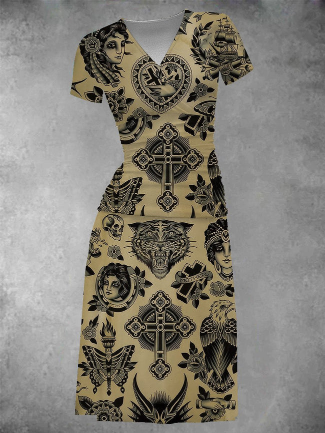 Women's Vintage Traditional Tattoo Print Midi Dress