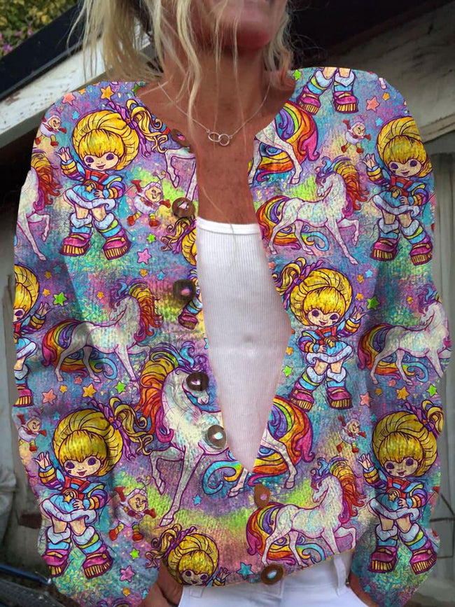 Vintage 1980s Rainbow Girl Print Buttoned Cardigan Sweater