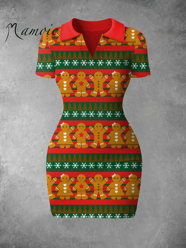 Women's Vintage Gingerbread Print Ribbed Bodycon Mini Dress