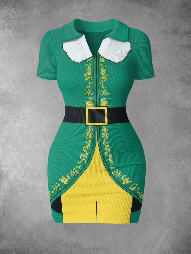 Women's Vintage Elf Christmas Print Ribbed Bodycon Mini Dress