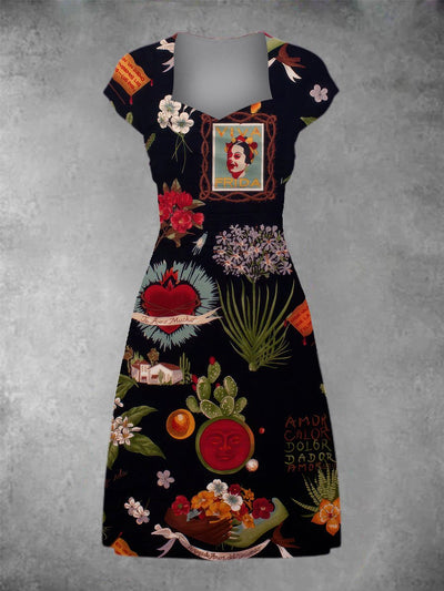 Women's Viva Frida Print Patchwork Casual Midi Dress
