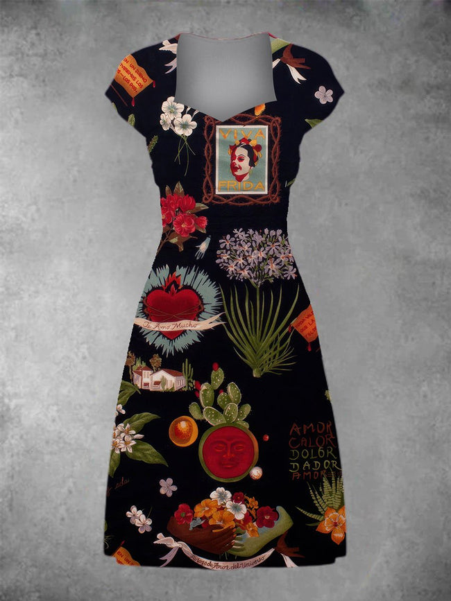 Women's Viva Frida Print Patchwork Casual Midi Dress