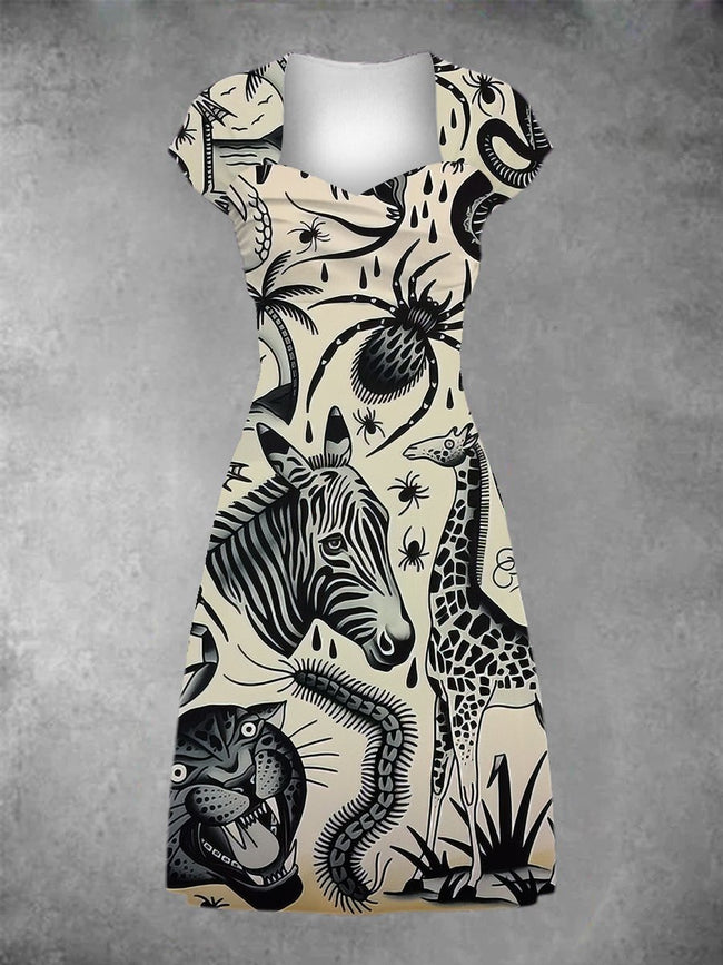Women's Animal Traditional Tattoo Print Patchwork Casual Midi Dress