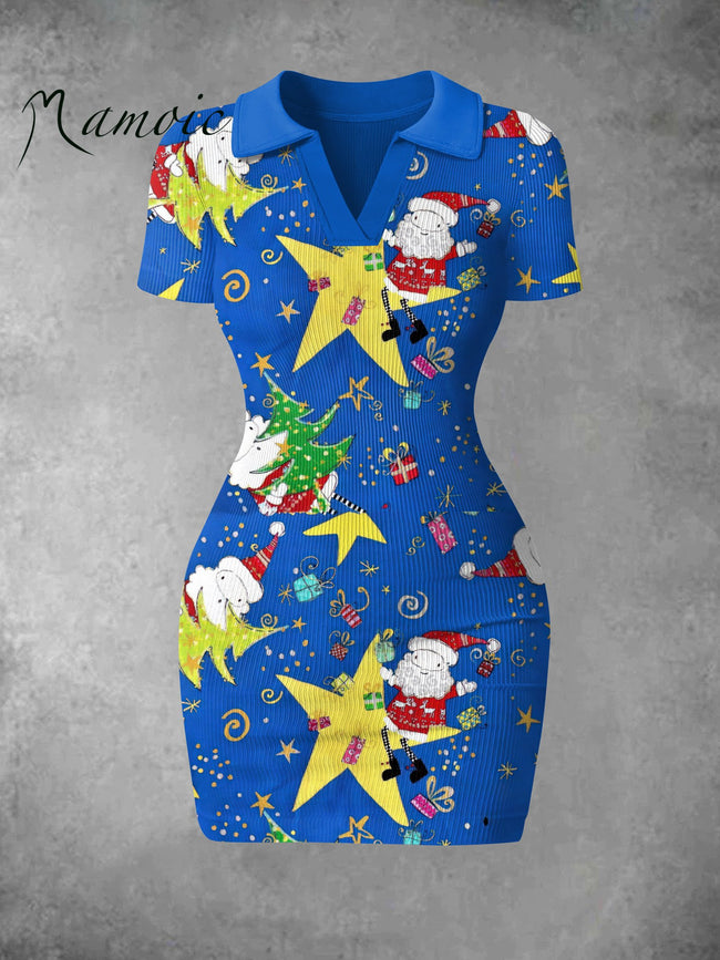 Women's Vintage Santa  Christmas Star Print Ribbed Bodycon Mini Dress