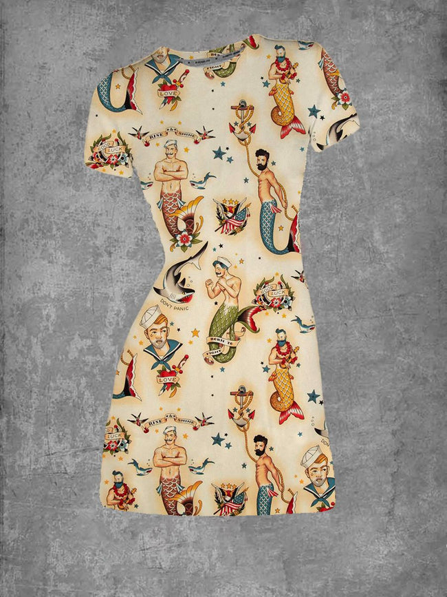 Vintage Manmeid Print Graphic Crew Neck T-Shirt Dress