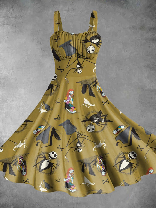 Vintage Jack and Sally Halloween Print Backless Dress