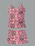 Women’s V-neck Vintage Mid Century Print Suspender Skirt Tankini Set Swimsuit