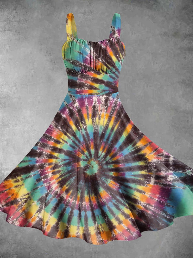 Vintage Hippie Tie Dye Print Backless Dress