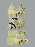 Women’s V-neck Vintage Ukiyoe Blossoms Print Suspender Skirt Tankini Set Swimsuit