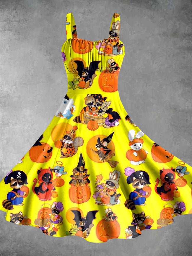 Vintage Raccoon Halloween Print Backless Dress