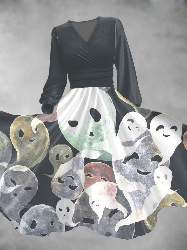 Women's Vintage Halloween Ghost Print Lantern Sleeve Maxi Dress