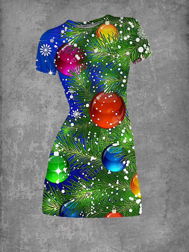 Women's Art Christmas Tree Print Crew Neck T-Shirt Dress