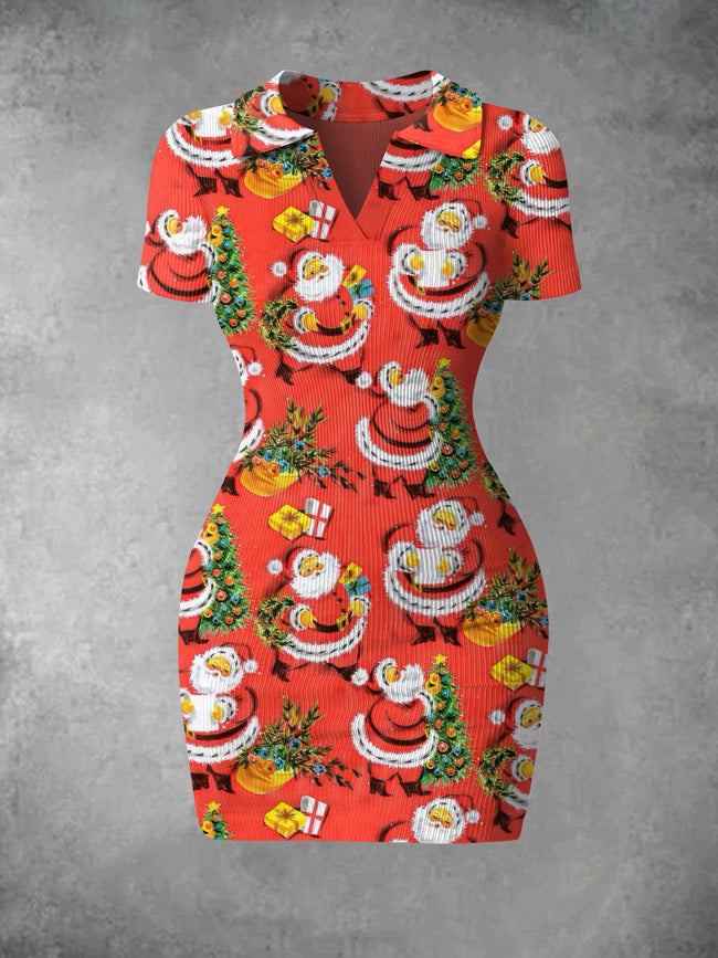 Women's Vintage Santa Claus Print Ribbed Bodycon Mini Dress