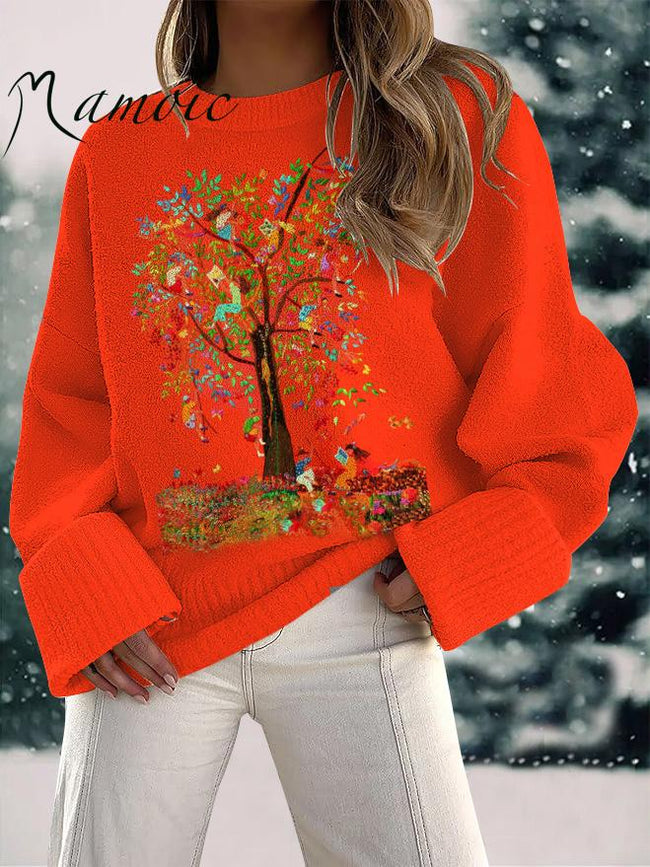 Women's Tree Of Life Print Fuzzy Knit Casual Pullover Sweaters