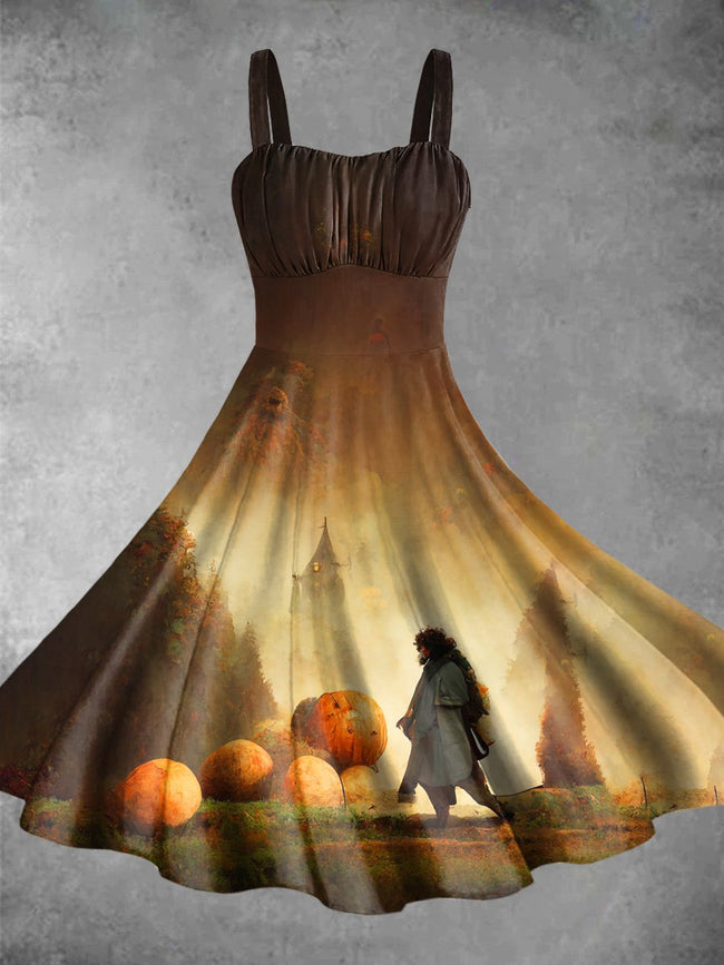 Vintage Pumpkins and Men Print Backless Dress