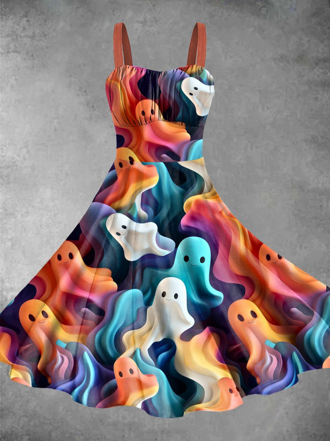 Vintage Ghosts Halloween Print Backless Dress